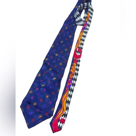 V2 Versace Navy Printed Tie W/Versace Print Trim and Starbursts Silk Tie - Picture 6 of 11